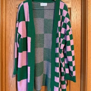 First Love Women's Green and Pink Checkered Cardigan